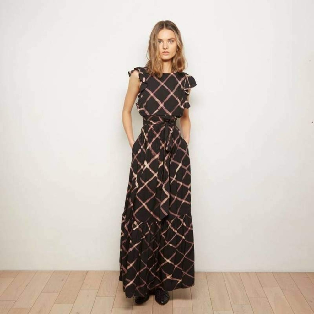 The Odells Seville Ruffle Maxi Dress XS Black Pink Pockets Cottage Boho Romantic